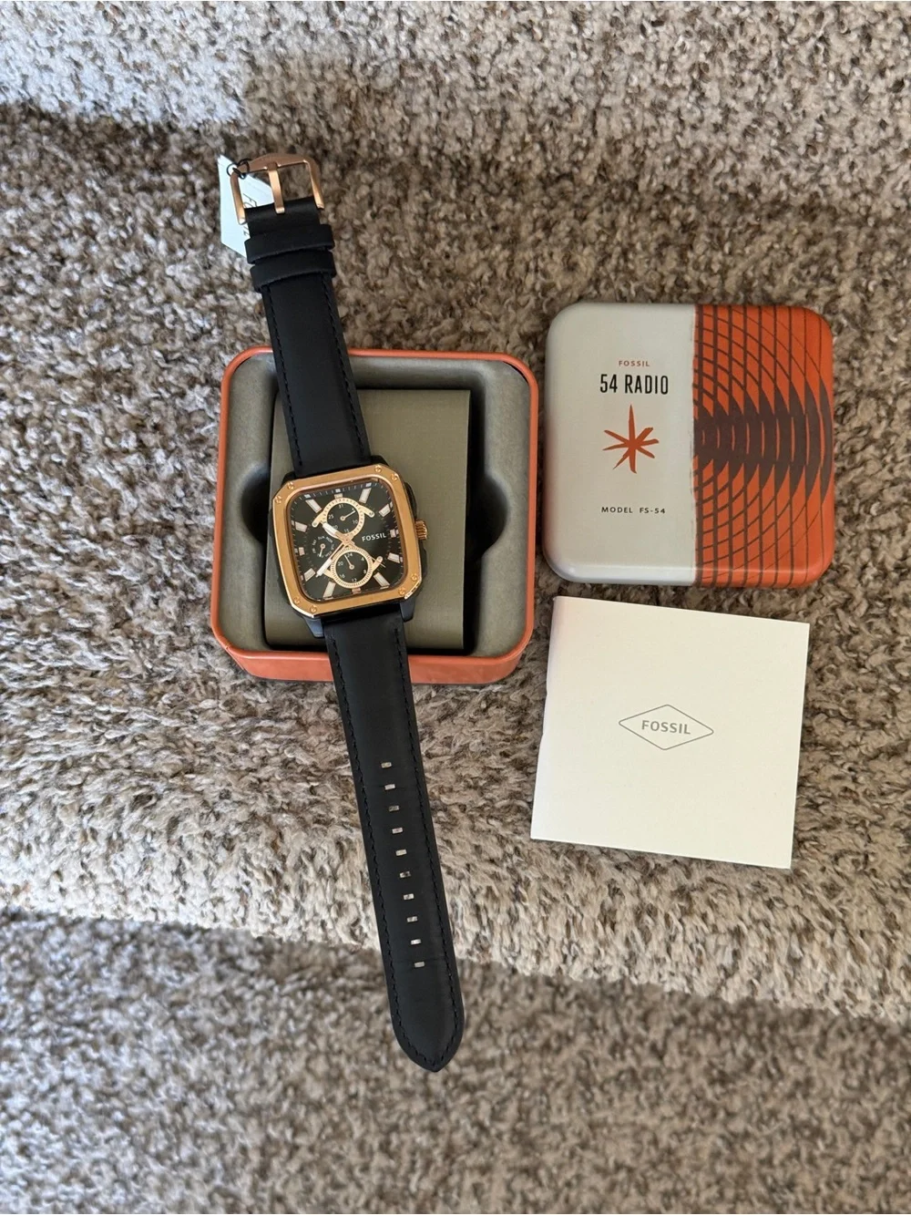 Fossil Black Leather Watch with Rose Gold-Tone Square Case Mens Watch